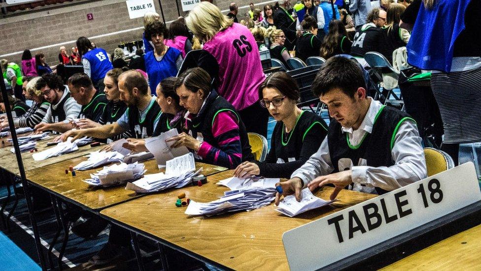 Vote counters sitting at a table counting