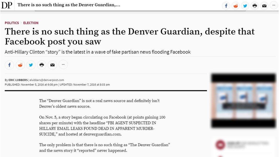 The Denver Post headline reads "There is no such thing as the Denver Guardian, despite that Facebook post you saw"