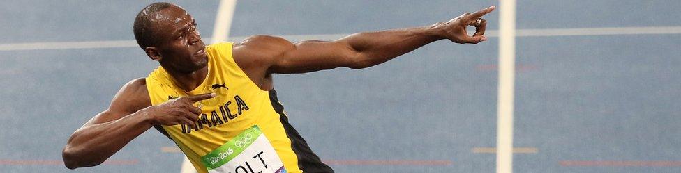 Usain Bolt doing his typical stance after winning the 200 metre final