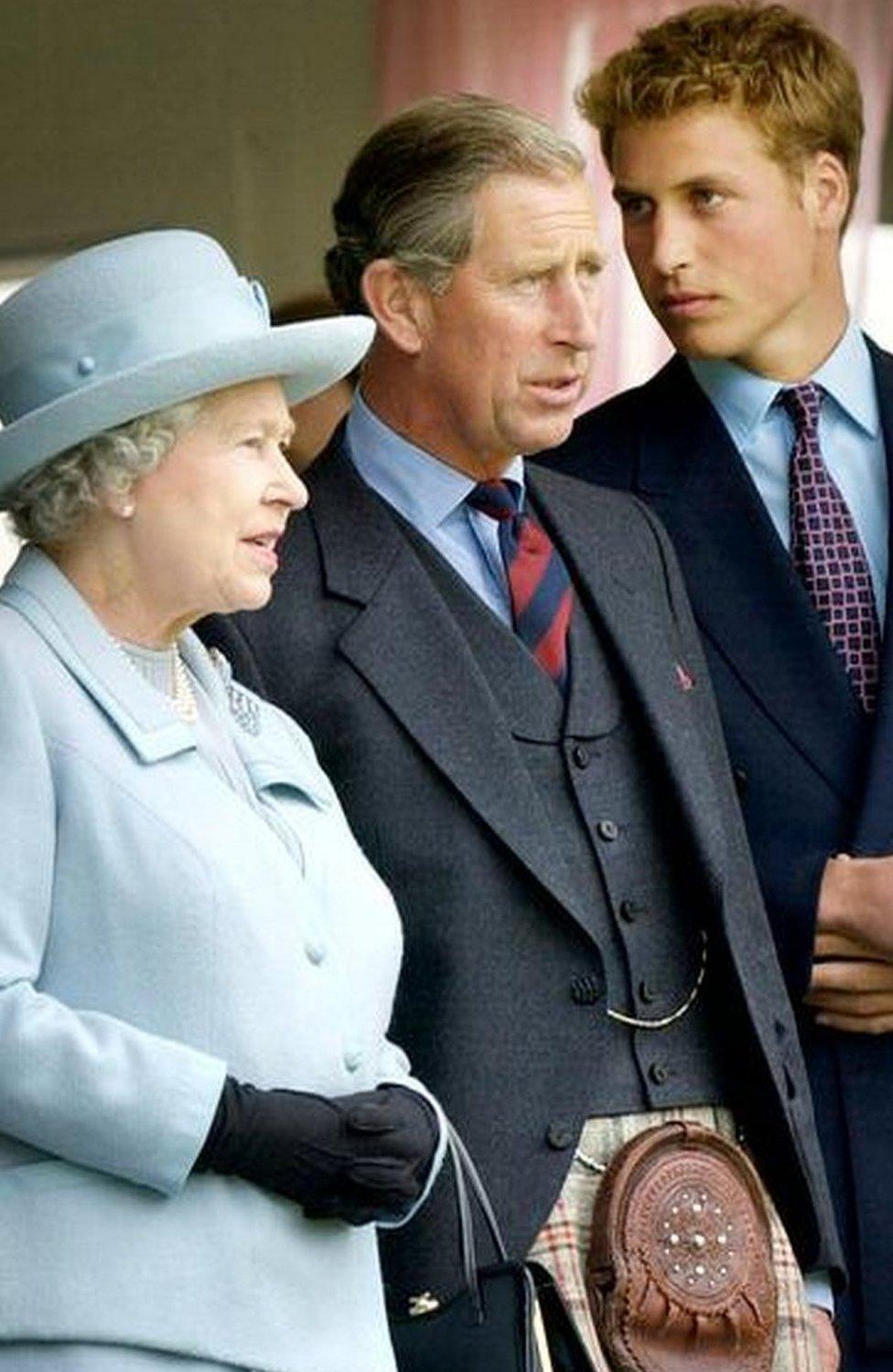 The Queen, Prince Charles and Prince William at Braemar gathering in 2001.