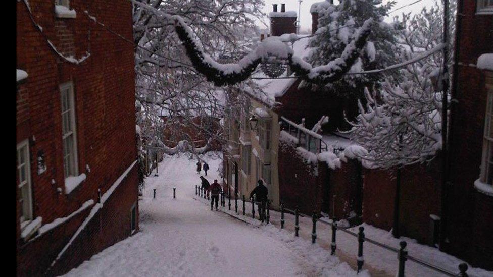 Steep Street in Lincoln in the snow