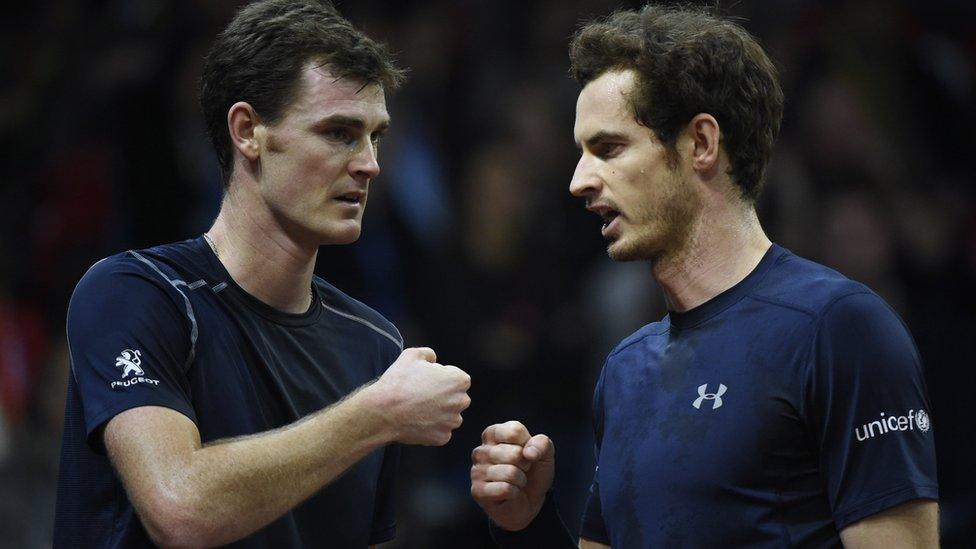 Britain's Jamie Murray (L) and Britain's Andy Murray celebrate