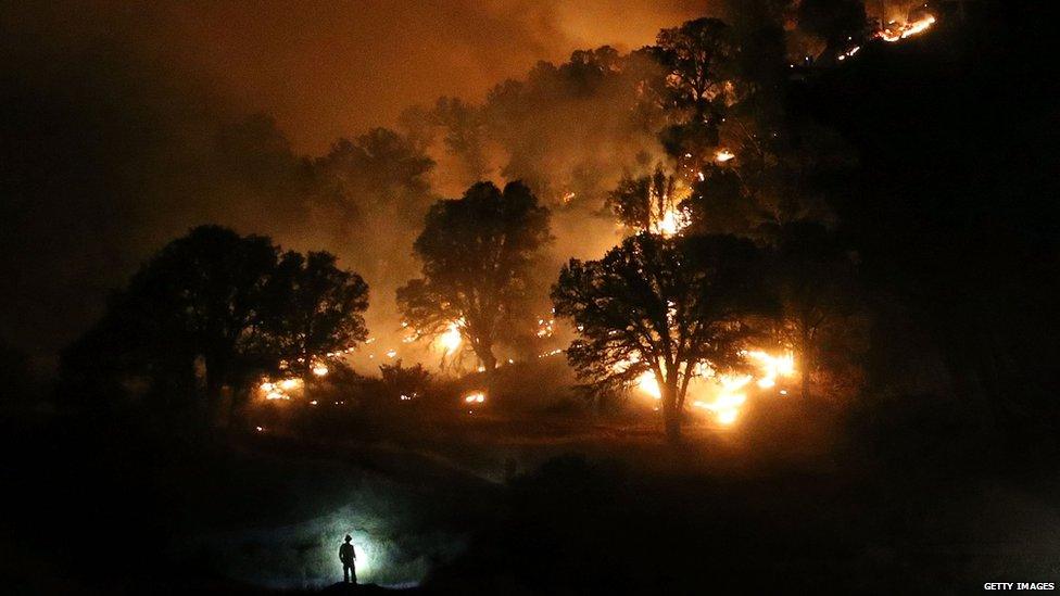 A firefighter close to the Rocky fire near Clearlake, California (03 August 2015)