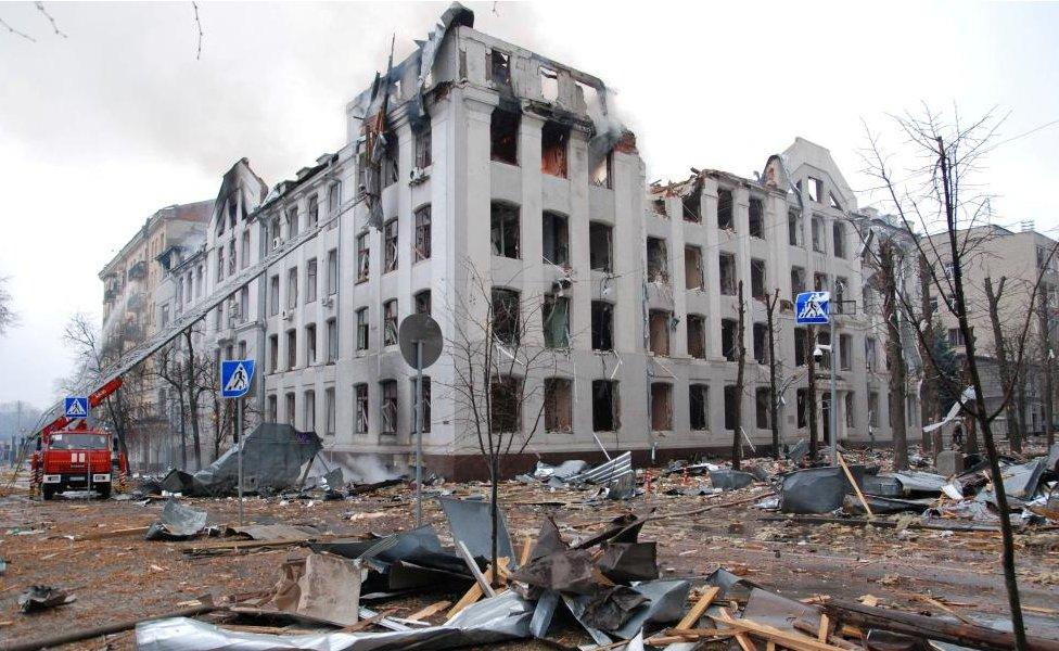 Firefighters work to extinguish a fire at the Kharkiv National University building, which city officials said was damaged by recent shelling, in Kharkiv, Ukraine March 2, 2022