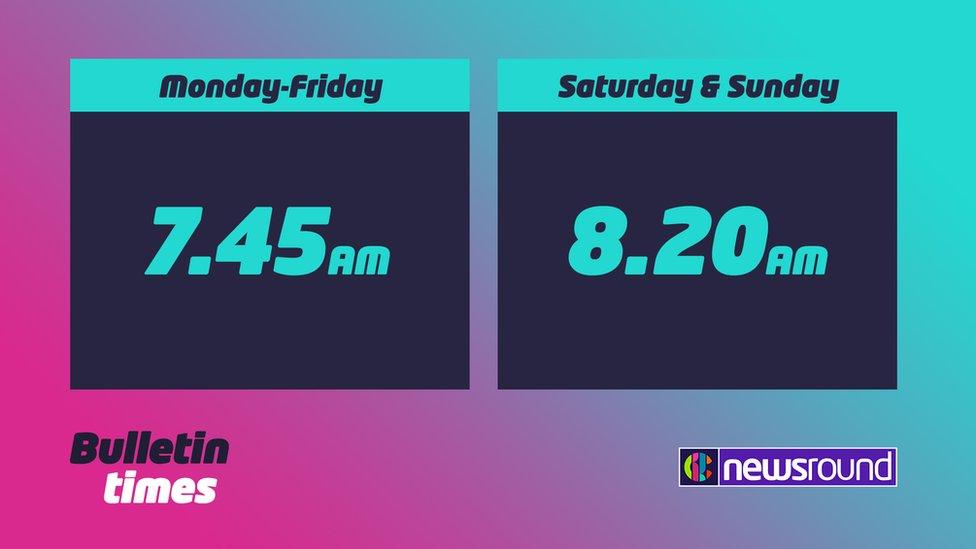 Newsround TV bulletin times on CBBC, showing 7.45am for Monday to Friday and 0.20 am at the weekends