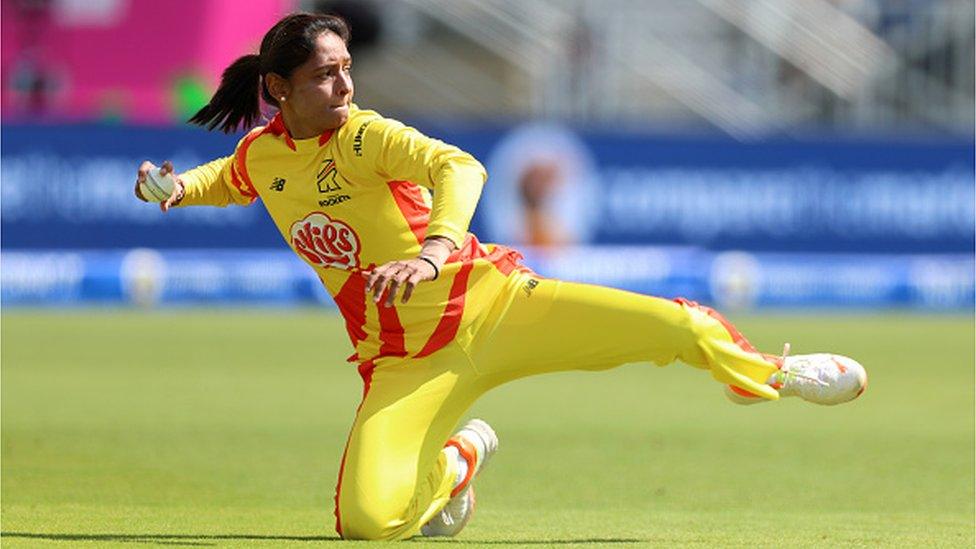 Harmanpreet Kaur of Trent Rockets Women fields the ball during The Hundred match between Trent Rockets Women and Northern Superchargers Women at Trent Bridge on 9 August 2023 in Nottingham, England