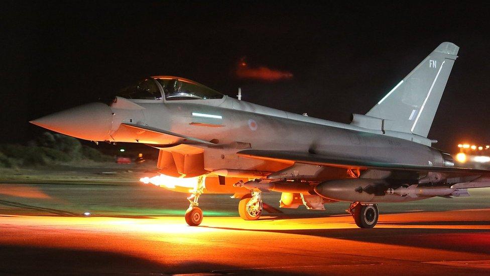 A RAF Typhoon leaves RAF Akrotiri on a sortie as part of Operation Shader on December 4, 2015 in Akrotiri, Cyprus