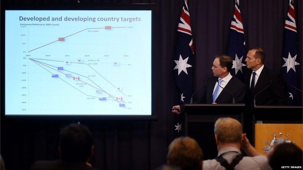 Australian Federal Environment Minister Greg Hunt (L) and Australian Prime Minister Tony Abbott speak to the media in Canberra (11 Aug 2015)