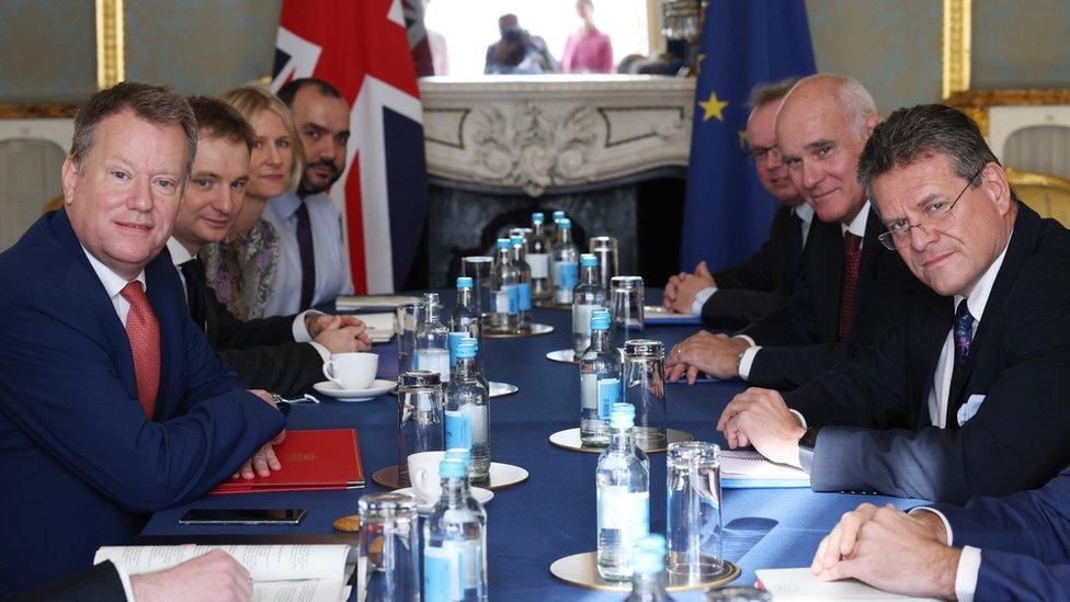 Brexit Minister Lord Frost (left) and European Commission Vice President Maros Sefcovic (right) during talks to improve post-Brexit border rules at Lancaster House, in Westminster, central London in October