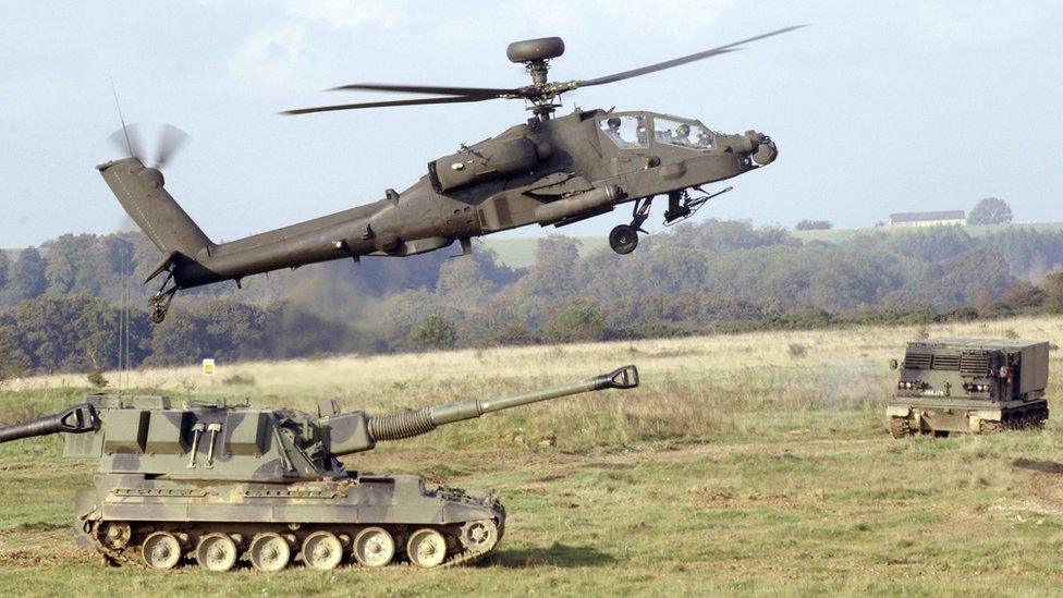 An Apache attack helicopter taking part in a training exercise on Salisbury Plai