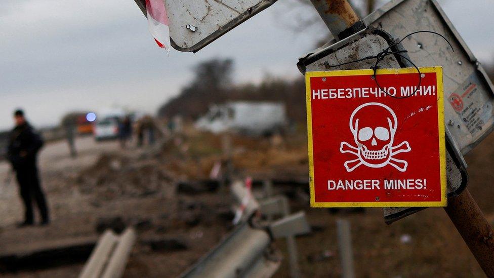 A mine warning sign hangs from a pole by the main road to Kherson