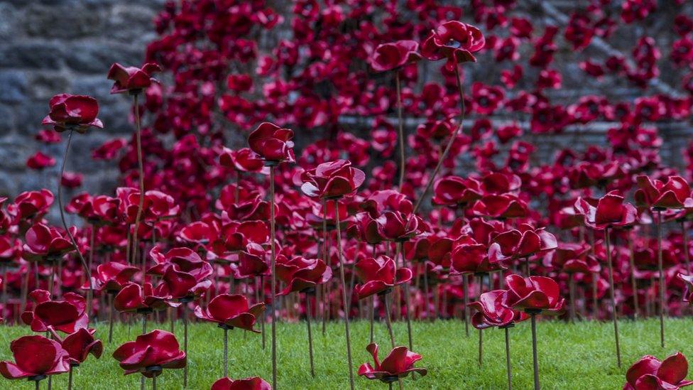 Ceramic red poppies make up the Weeping Window sculpture