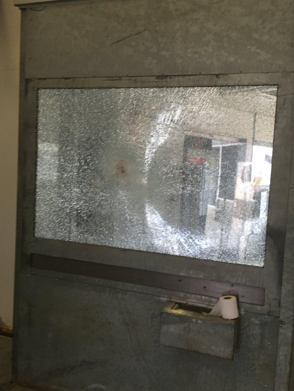 A shattered window at the Christmas Island detention centre