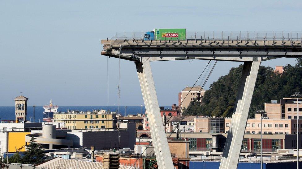 The collapsed Morandi Bridge is seen in the Italian port city of Genoa, Italy August 15, 2018.