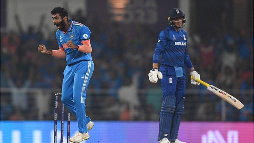 Jasprit Bumrah of India celebrates the wicket of Joe Root of England during the ICC Men's Cricket World Cup India 2023 between India and England at BRSABVE Cricket Stadium on October 29, 2023 in Lucknow,