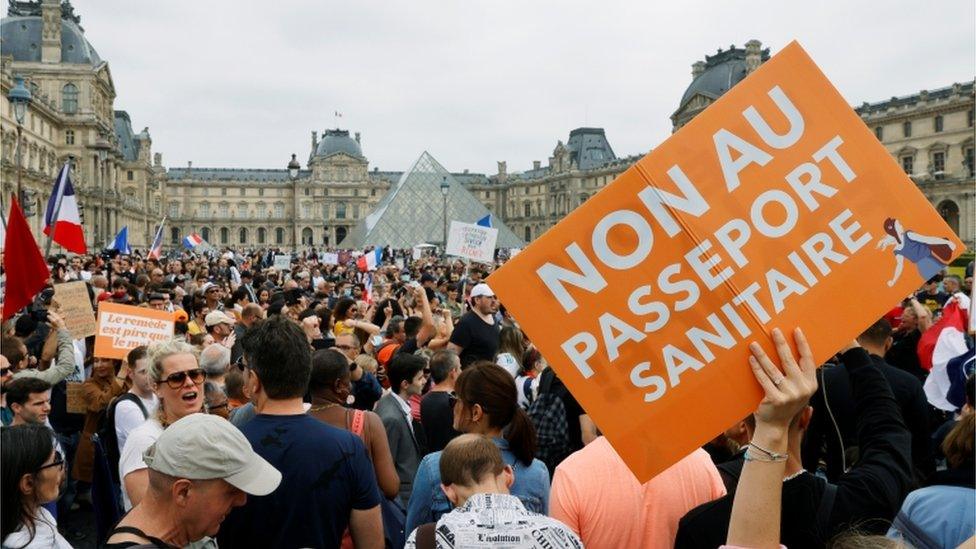 A demonstration against the new French Covid health pass in Paris, July 2021