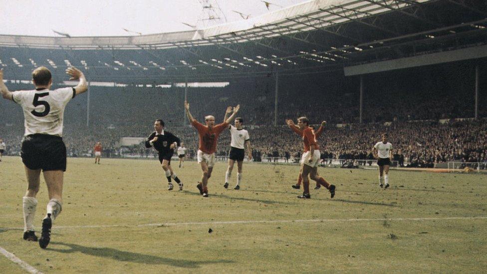 Sir Bobby Charlton celebrates a goal in the 1966 World Cup