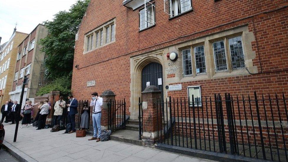 Queue of people outside Poplar Coroner's Court