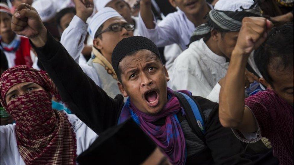 Thousands of Indonesian Muslims protest against the Jakarta governor Basuki Tjahaja Purnama known widely as "Ahok" on March 31, 2017 in Jakarta, Indonesia