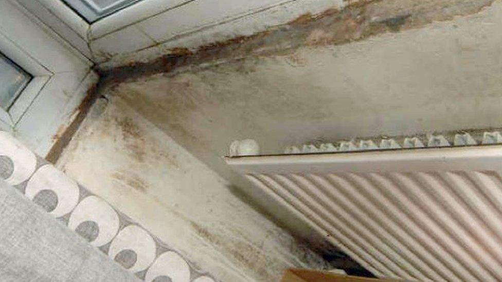 Dirty room with mould along the window sill and above a radiator