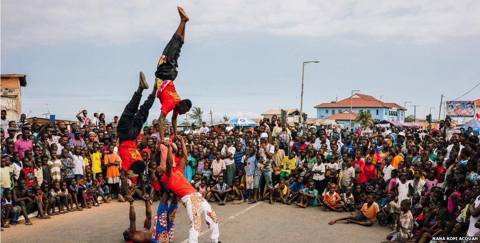 The Nugbor Ye Djen Acrobatic Group in performance at the Chale Wote Street Art