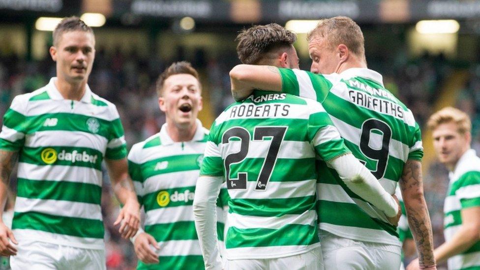 Celtic celebrate Patrick Roberts' third goal