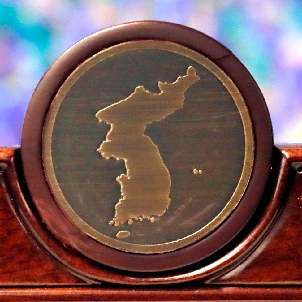 Map of Korean peninsula on a chair to be used at the summit shown in Seoul, 25 April 2018