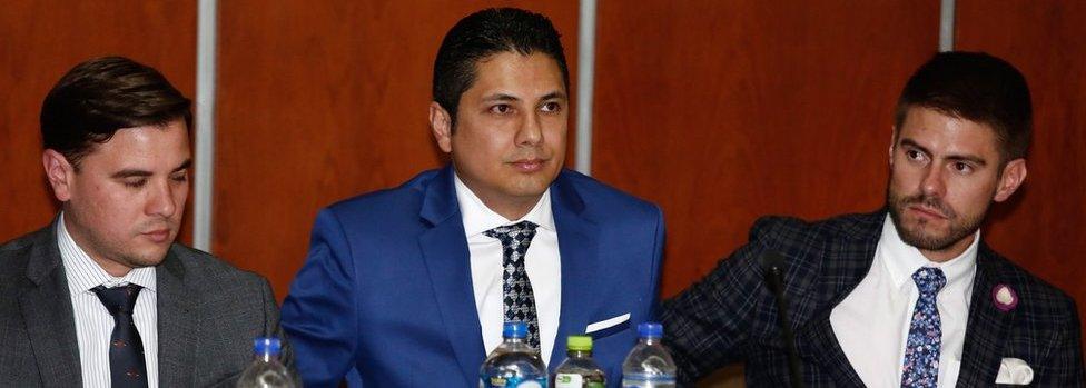 Former legislator Fernando Balda (C), who was the target of a botched kidnapping in 2012, attends a court hearing linking former President Rafael Correa to his attempted kidnapping