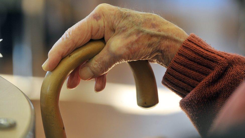 Elderly person holding walking stick