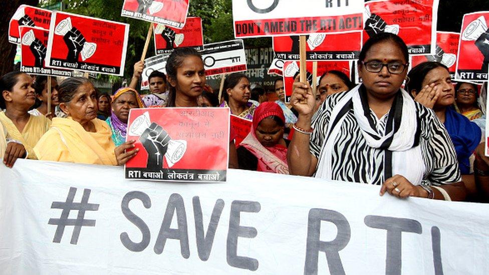 Protestors against the amendments to the Right to Information Act proposed by the government at Jantar Mantar in New Delhi in July 2019