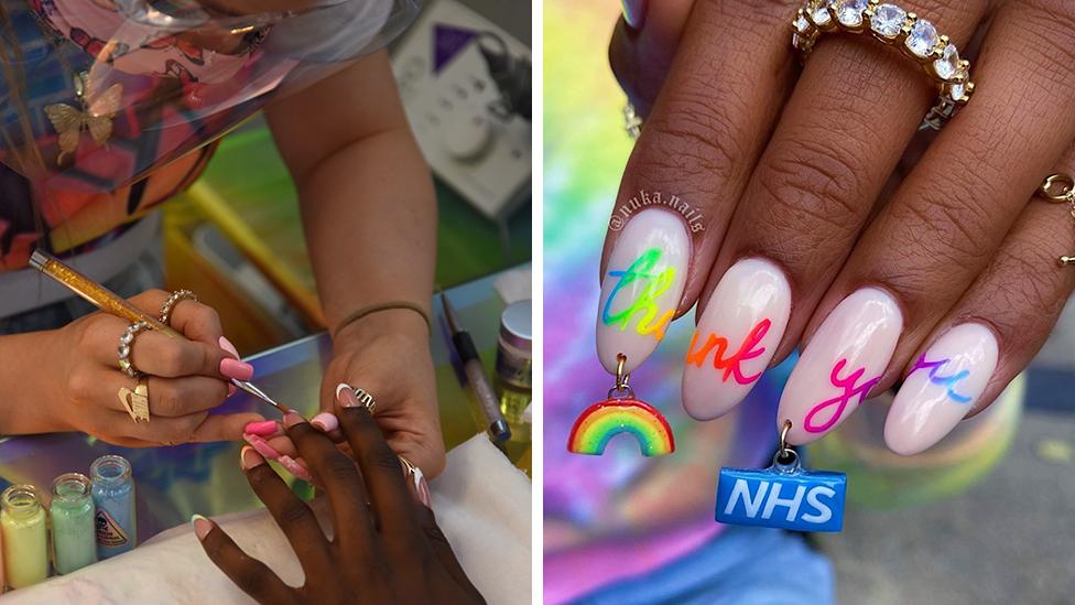 Anouska Anastasia works on a clients nails at NUKA Nails, West London and the charm she made in support of the NHS.