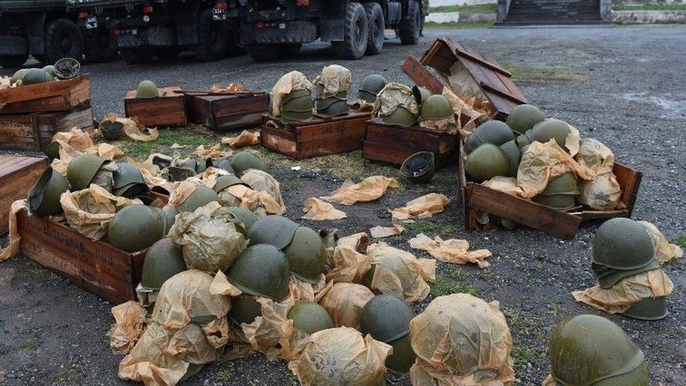 Military uniforms and equipment supplied to Armenian volunteers joining up to fight in Nagorno-Karabakh (03/04/2016)