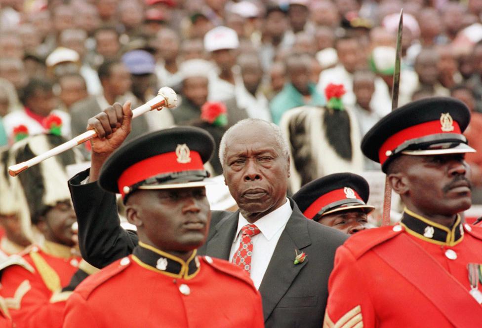 President Daniel arap Moi greets his supporters after he was sworn in for final five-year term in Nairobi in 1998