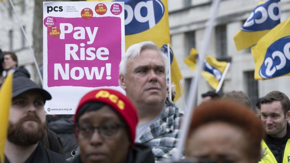 Civil servants gather to demonstrate during a strike opposite Downing Street in London, United Kingdom on April 28, 2023