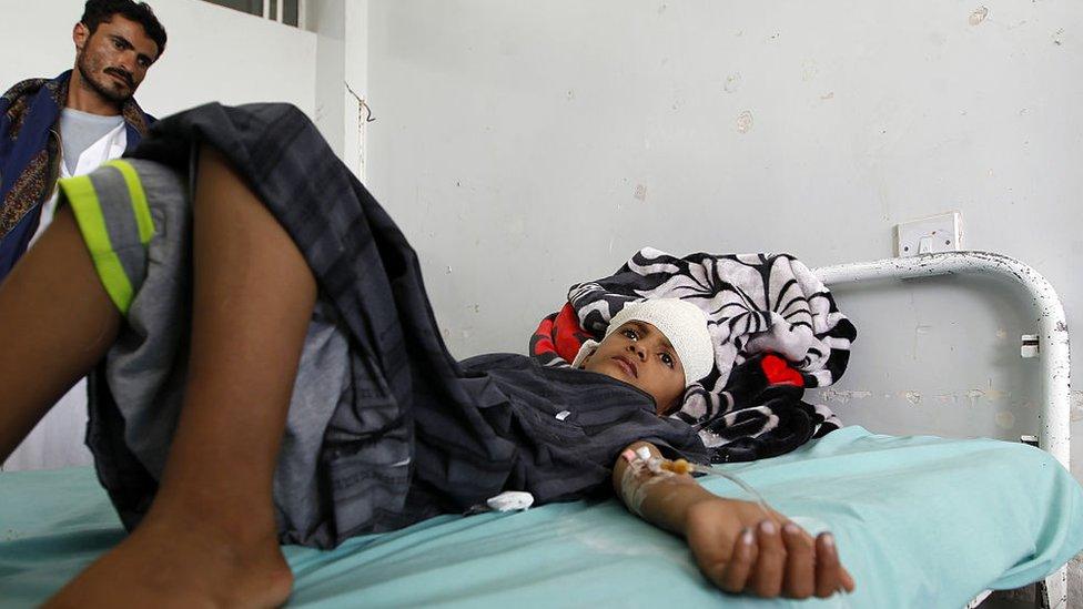 Boy injured in reported Saudi-led coalition air strike on a Koranic school in the Northern Yemeni governorate of Saada, August 2016