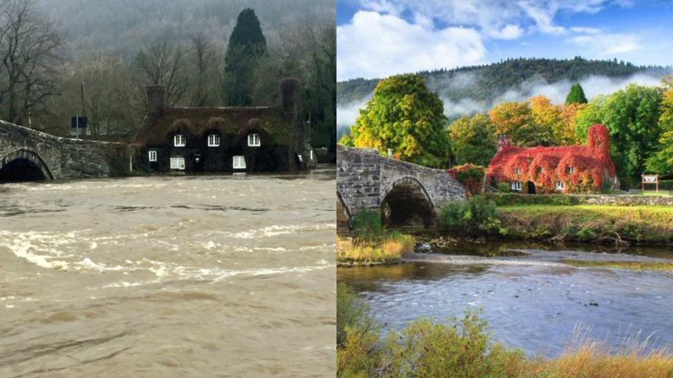 The Tu Hwnt i'r Bont tearoom in Llanwrst was flooded when the Conwy river burst its banks