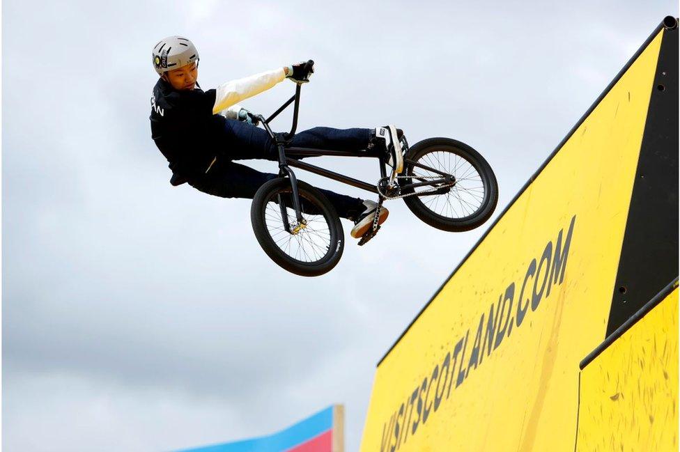 Japan's Kaede Ozawa competes in heat 1 of the Men's Elite BMX freestyle final