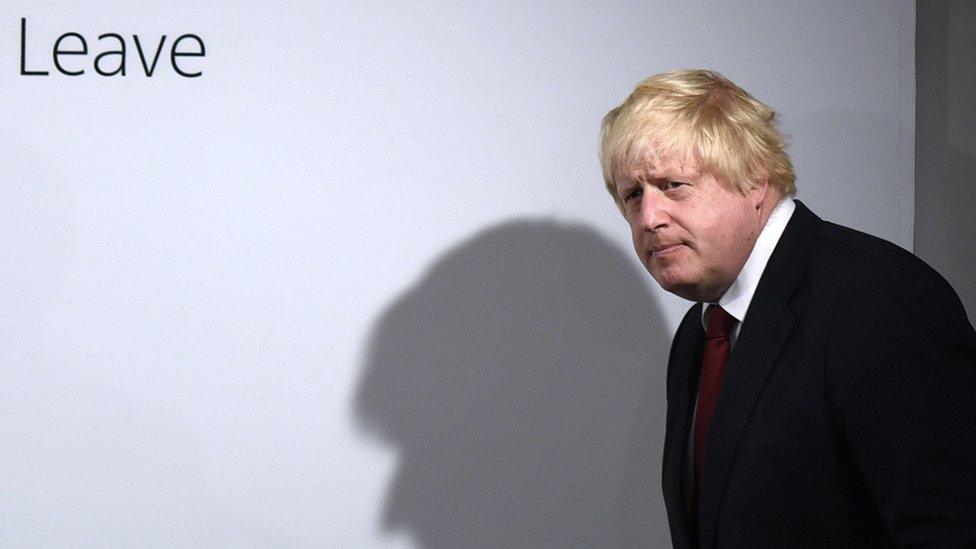 Boris Johnson at a post-vote press conference; The word "leave" is written on the wall behind