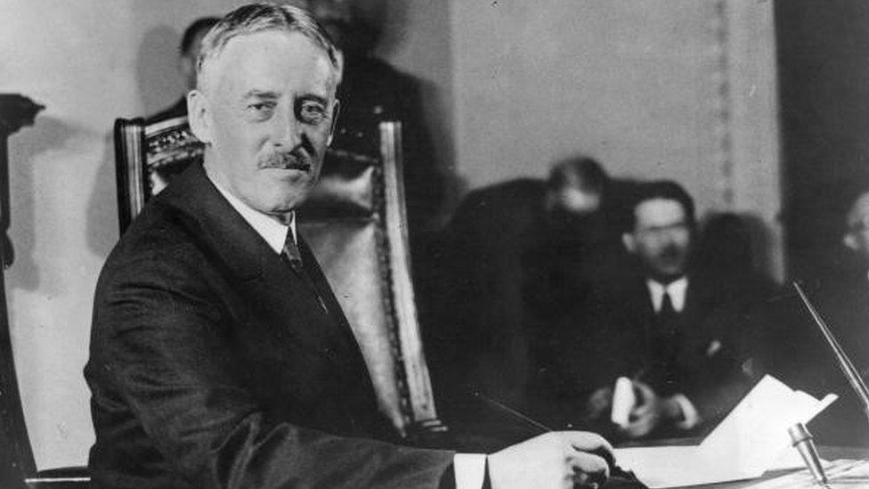 1929: President Herbert Hoover's newly-sworn in Secretary of State, Henry Lewis Stimson (1864 - 1950) at his desk in Washington DC. He held office previously as Secretary of War in the administration of President William Howard Taft. General Photographic Agency Collection