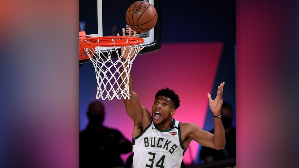 Giannis Antetokounmpo of the Milwaukee Bucks drives to the basket during the first quarter against the Miami Heat.