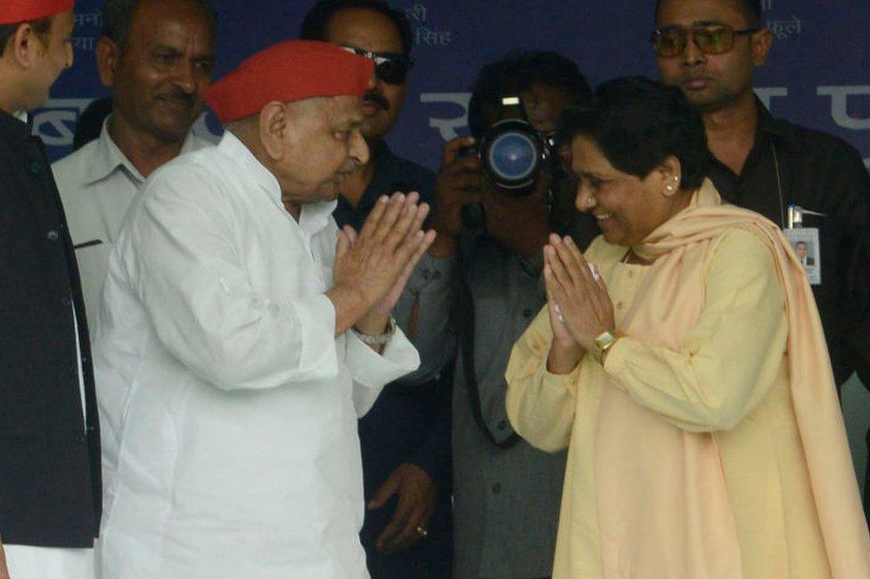 Mulayam Singh Yadav clicked along with Akhilesh Yadav and Mayawati during their joint election campaign rally, in Mainpuri.