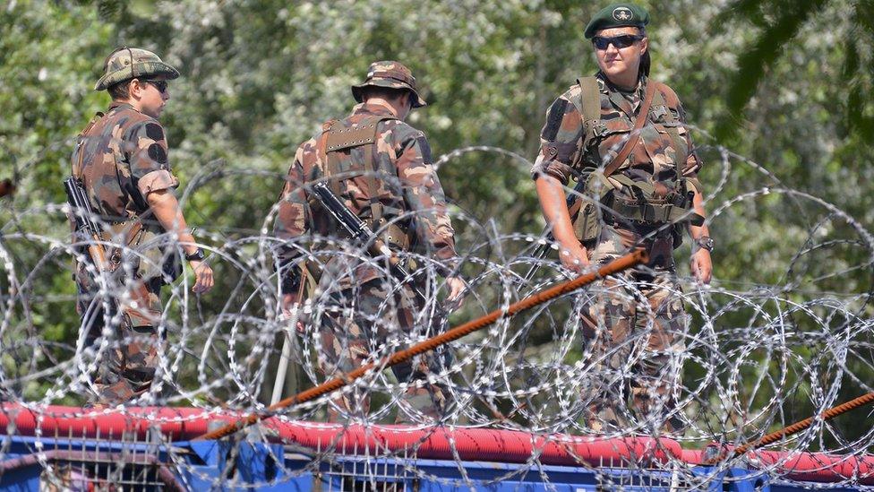 Hungarian troops on fenced-off Serbia border, 25 July 16