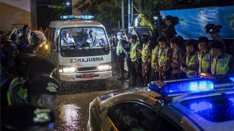 Ambulances carrying bodies of executed prisoners arrive at Wijayapura port (29 July 2016)