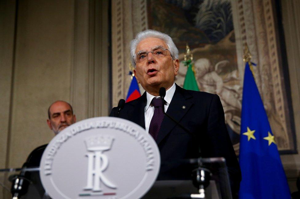 Italian President Sergio Mattarella speaks to media after a meeting with Giuseppe Conte at the Quirinal Palace in Rome, Italy, 27 May 2018