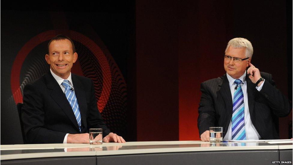 Australian Prime Minister Tony Abbott and Q&A host Tony Jones on the Q&A television set