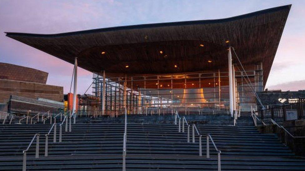 A photo of the Senedd at sunset