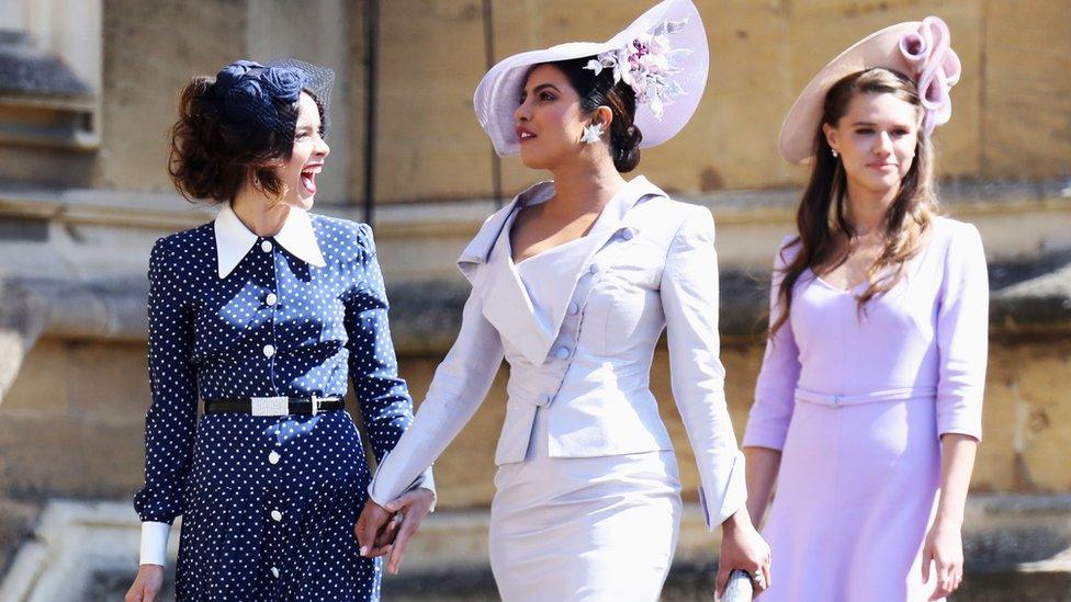 Priyanka Chopra, centre, attending the royal wedding of Prince Harry and Meghan Markle in May