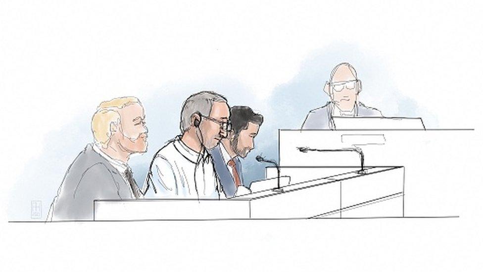 A courtroom sketch shows Iranian defendant Hamid Nouri sitting in the District Court of Stockholm