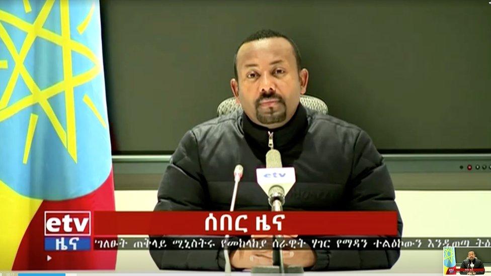 A still image taken from a video shows Ethiopian Prime Minister Abiy Ahmed addressing the nation in Addis Ababa, Ethiopia November 4, 2020. Ethiopia Broadcasting Coporation