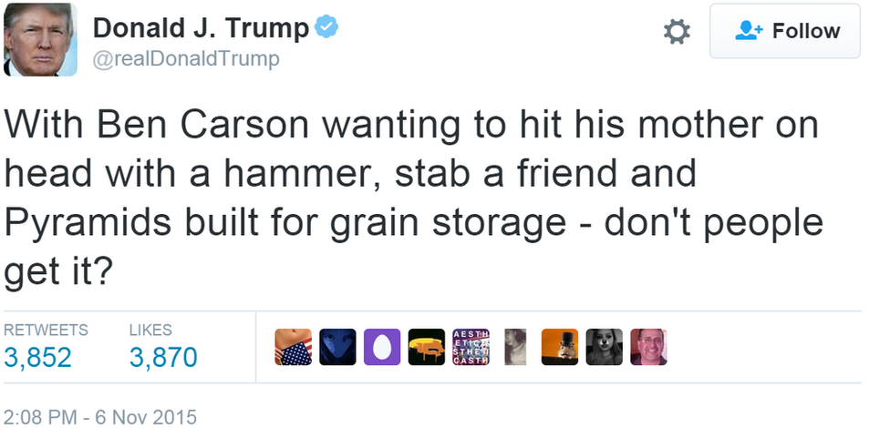 With Ben Carson wanting to hit his mother on head with a hammer, stab a friend and Pyramids built for grain storage - don't people get it?